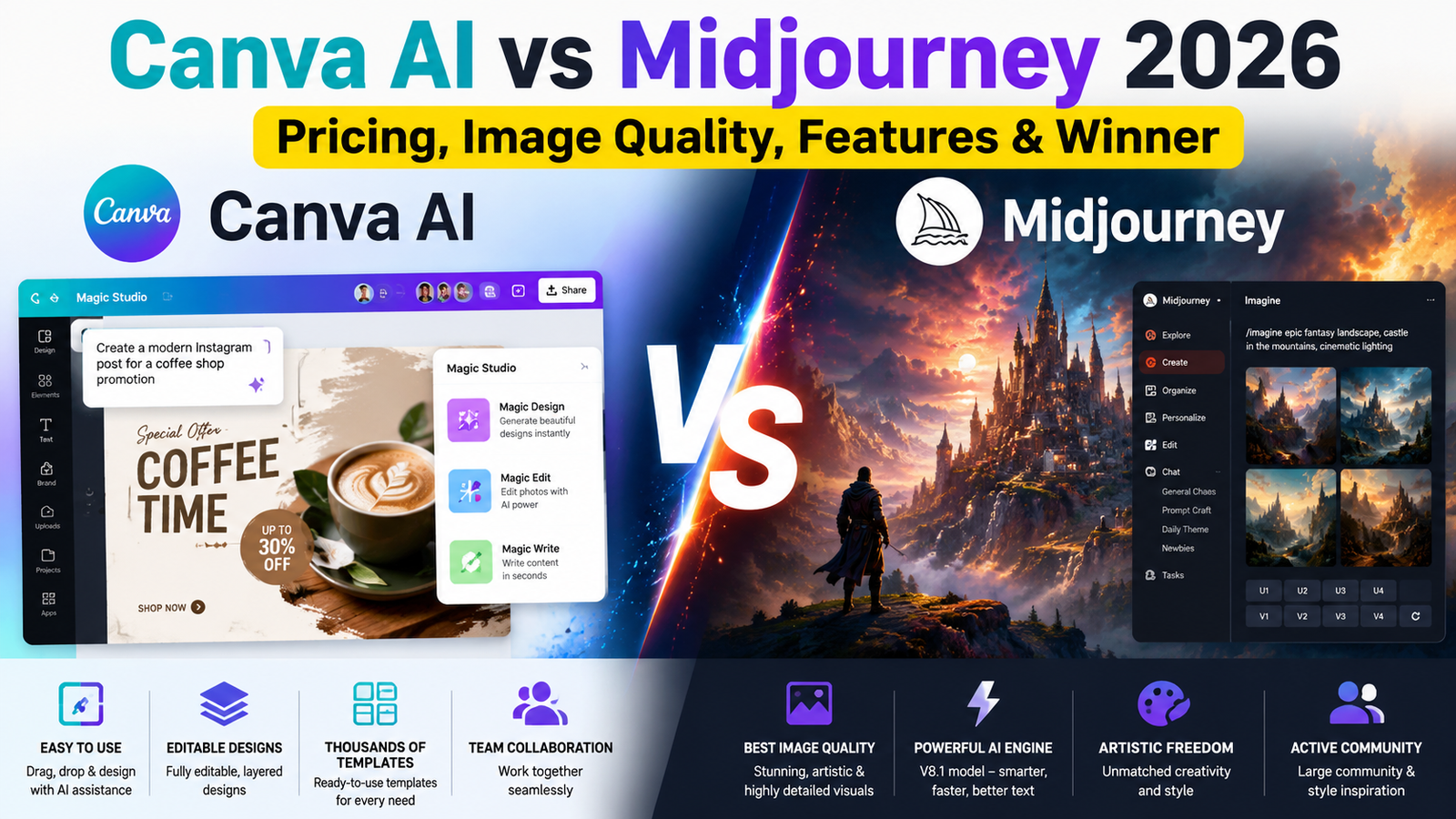 Canva AI vs Midjourney 2026: Pricing, Image Quality, Features & Winner